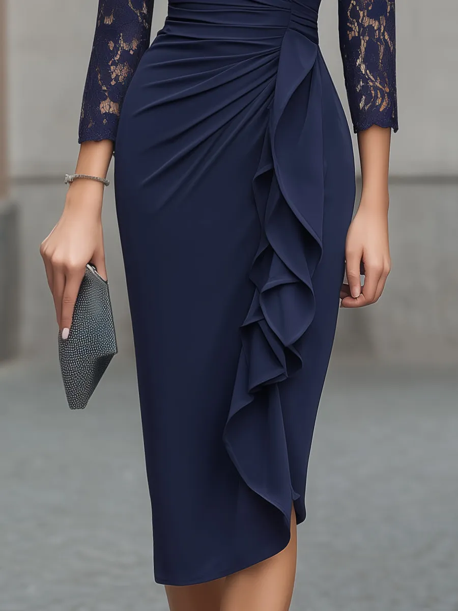 Lace Sleeve Ruched Ruffle Wrap Midi Dress sold by Mooyius product image thumbnail 4