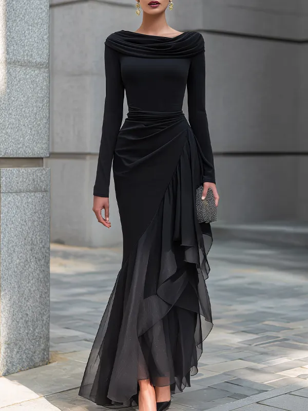 Draped Cowl Neck Layered Organza Panel Maxi Dress made by Mooyius