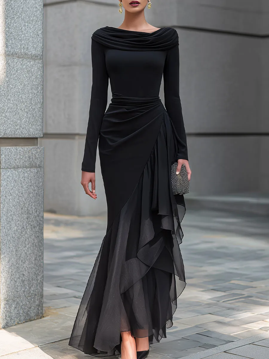 Draped Cowl Neck Layered Organza Panel Maxi Dress sold by Mooyius