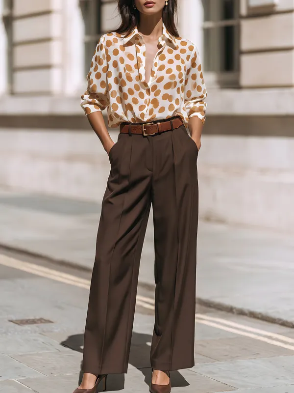 Polka Dot Button-Front Blouse With Tailored Wide-Leg Trousers Set made by Mooyius