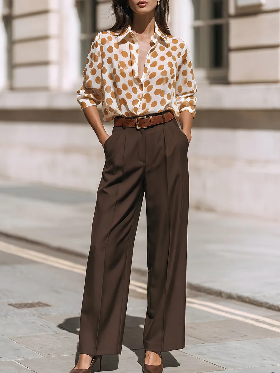 Polka Dot Button-Front Blouse With Tailored Wide-Leg Trousers Set sold by Mooyius