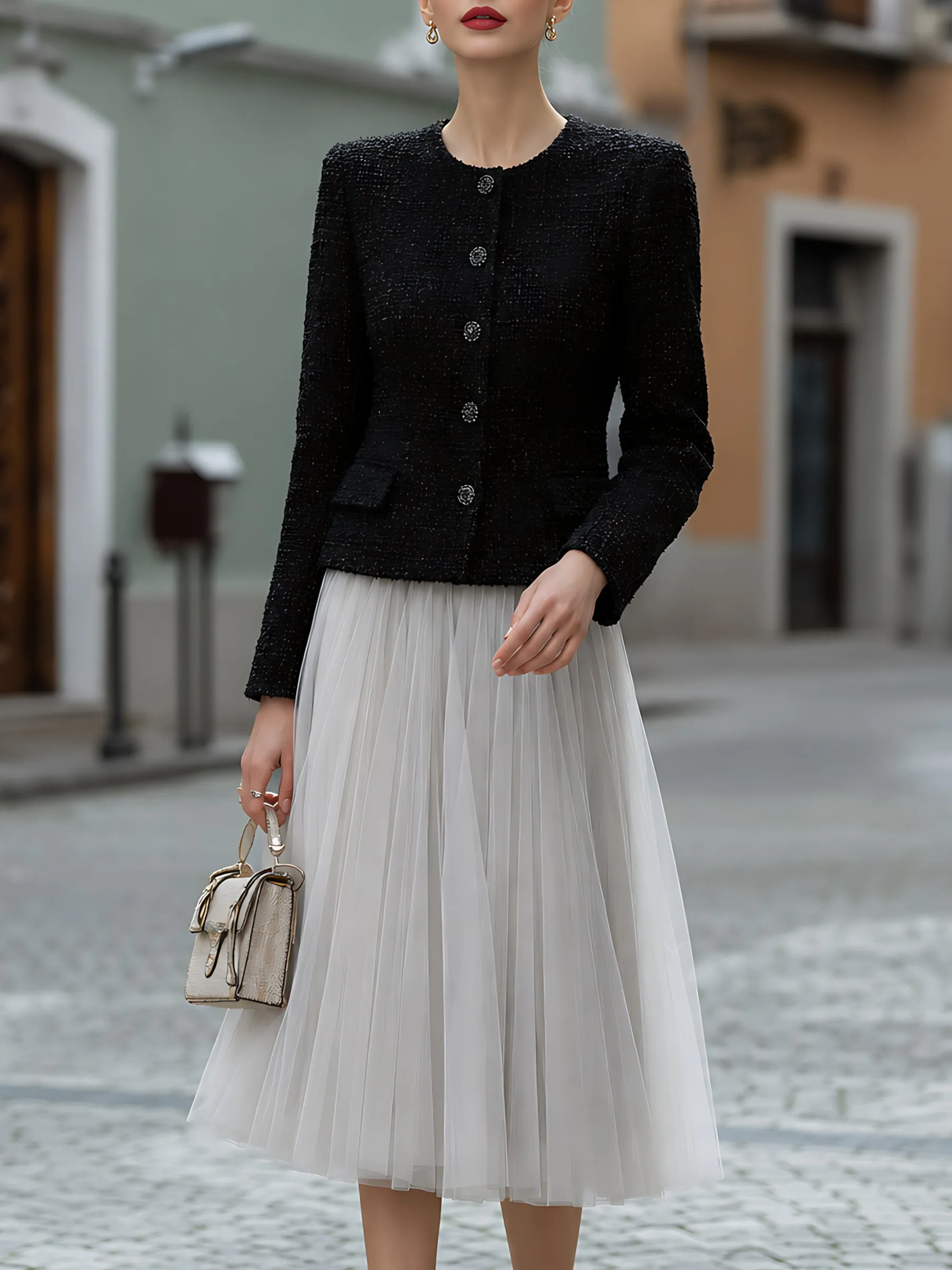 Tweed Jacket And Tulle Midi Skirt Set sold by Mooyius