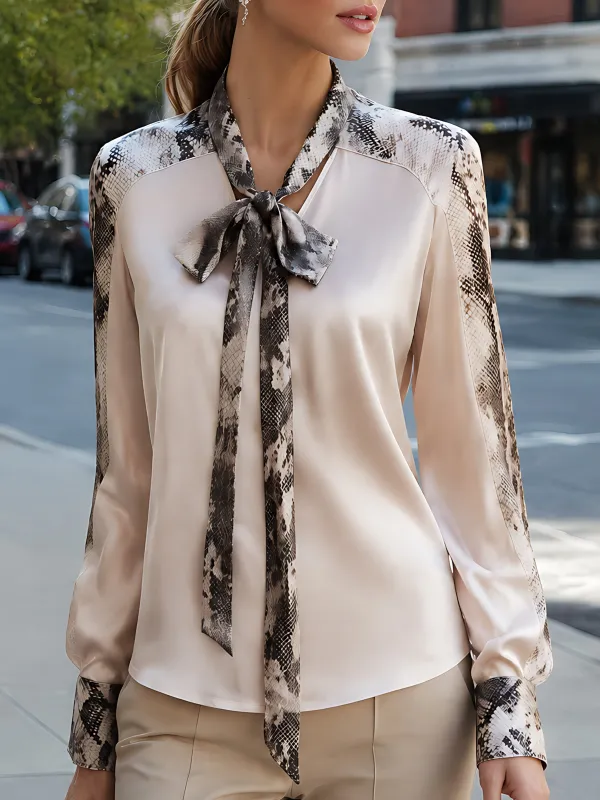Satin Snake-Print Tie-Neck Blouse made by Mooyius