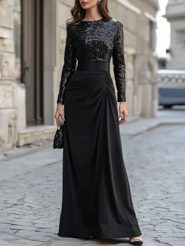 Sequin Spliced Ruched Maxi Gown made by Mooyius