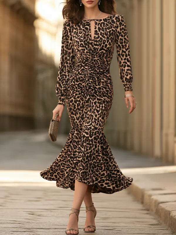Leopard-Print Keyhole Ruched Mermaid Maxi Dress made by Mooyius