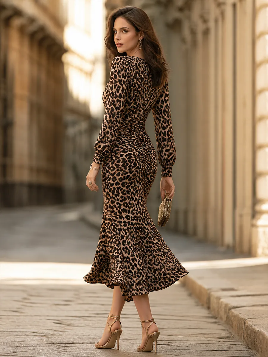 Leopard-Print Keyhole Ruched Mermaid Maxi Dress sold by Mooyius product image thumbnail 5