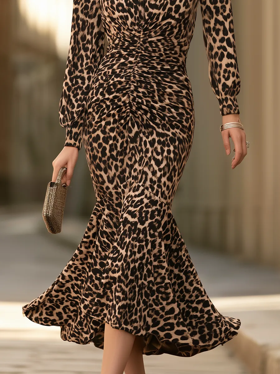 Leopard-Print Keyhole Ruched Mermaid Maxi Dress sold by Mooyius product image thumbnail 4