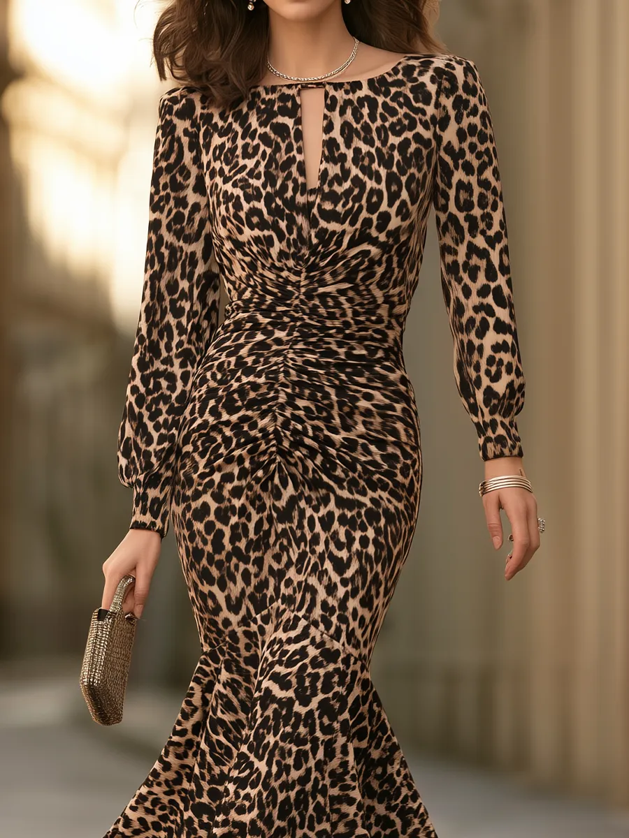 Leopard-Print Keyhole Ruched Mermaid Maxi Dress sold by Mooyius product image thumbnail 3