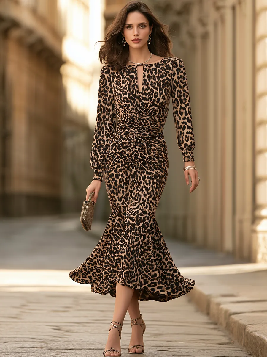 Leopard-Print Keyhole Ruched Mermaid Maxi Dress sold by Mooyius product image thumbnail 2