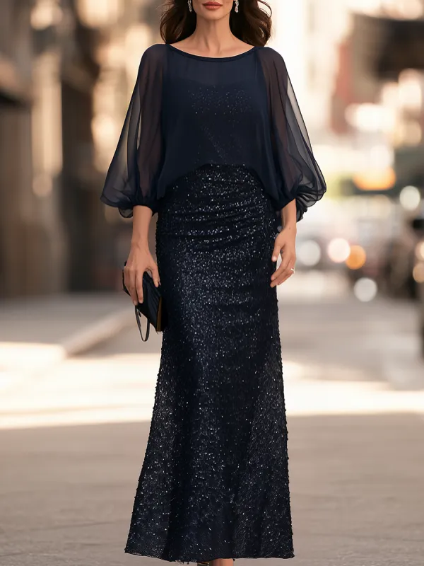 Sequin Mermaid Evening Gown with Sheer Chiffon Batwing Sleeve Overlay made by Mooyius
