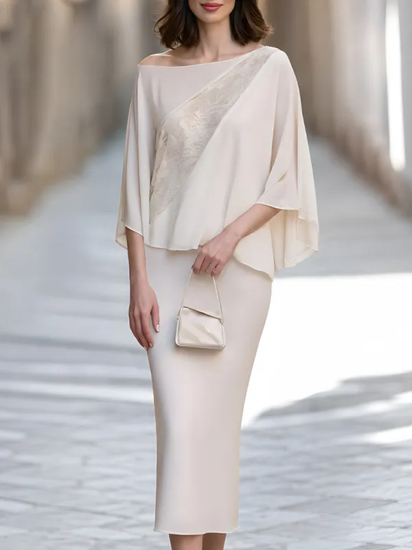 Ivory Lace Panel Draped Cape Blouse With Midi Skirt Set made by Mooyius