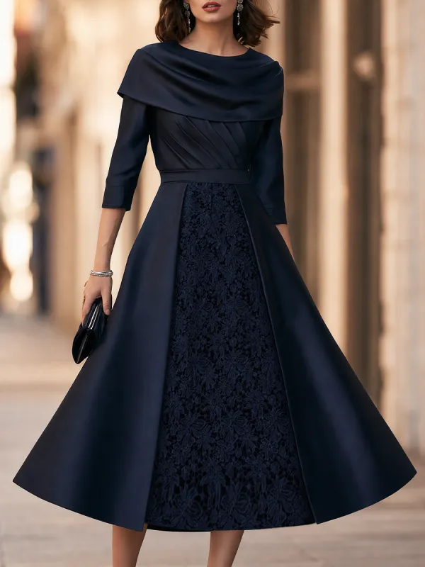 Draped Shawl-Collar Lace-Panel Midi Dress made by Mooyius