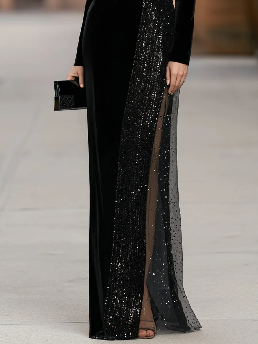 Asymmetric Side Sequin Panel Velvet Maxi Dress sold by Mooyius product image thumbnail 3