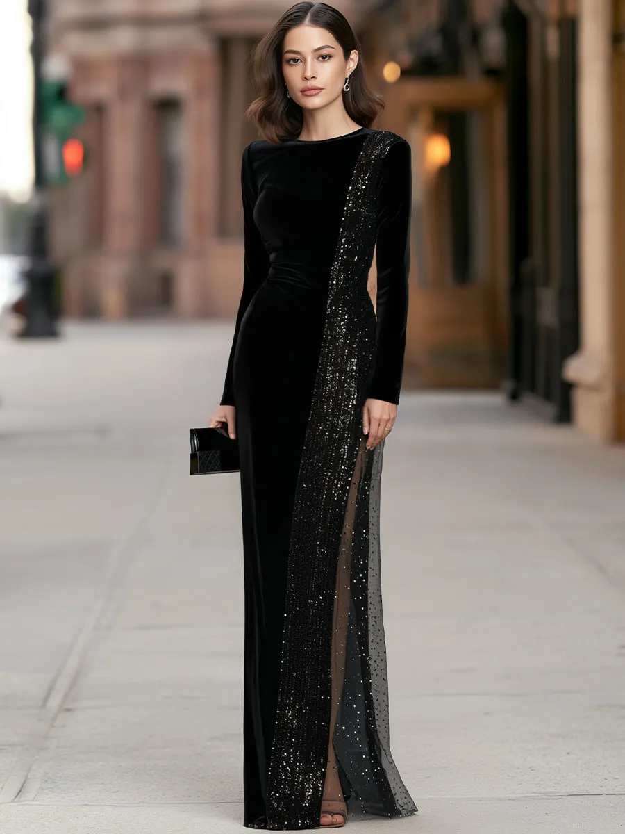 Asymmetric Side Sequin Panel Velvet Maxi Dress sold by Mooyius product image thumbnail 2