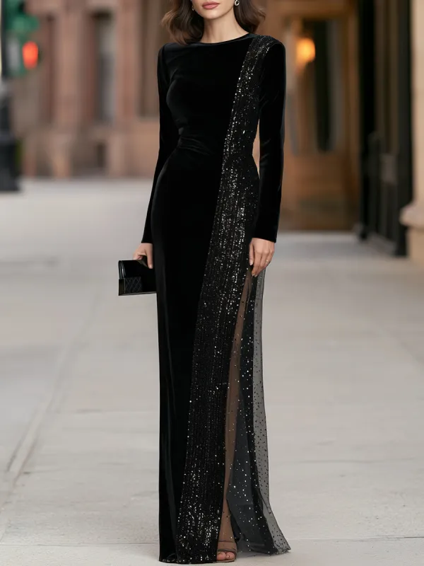 Asymmetric Side Sequin Panel Velvet Maxi Dress made by Mooyius