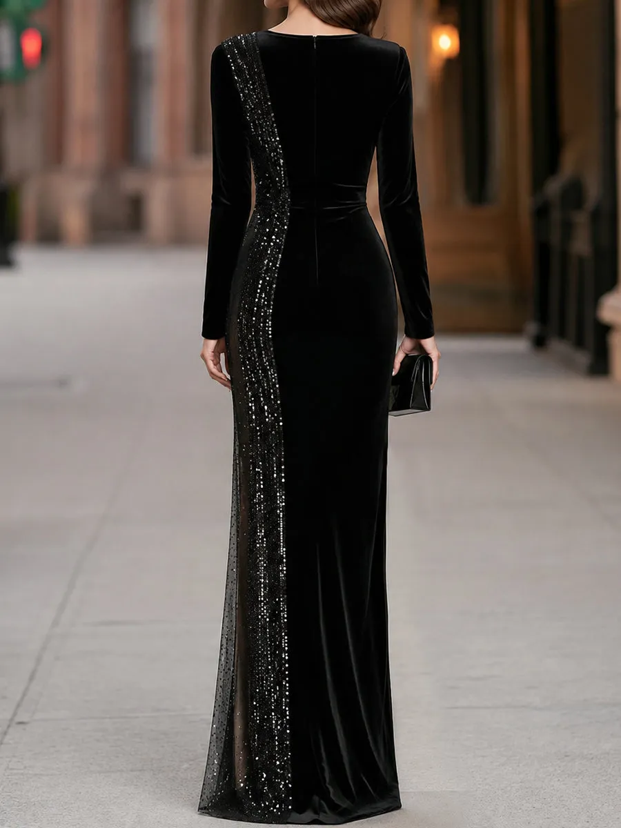 Asymmetric Side Sequin Panel Velvet Maxi Dress sold by Mooyius product image thumbnail 4