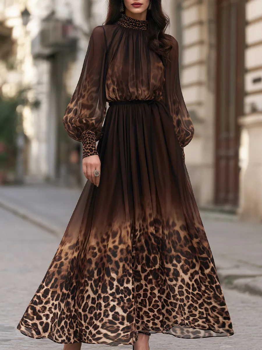 Puff Sleeves Leopard Print Chiffon Flowing Maxi Dress sold by Mooyius
