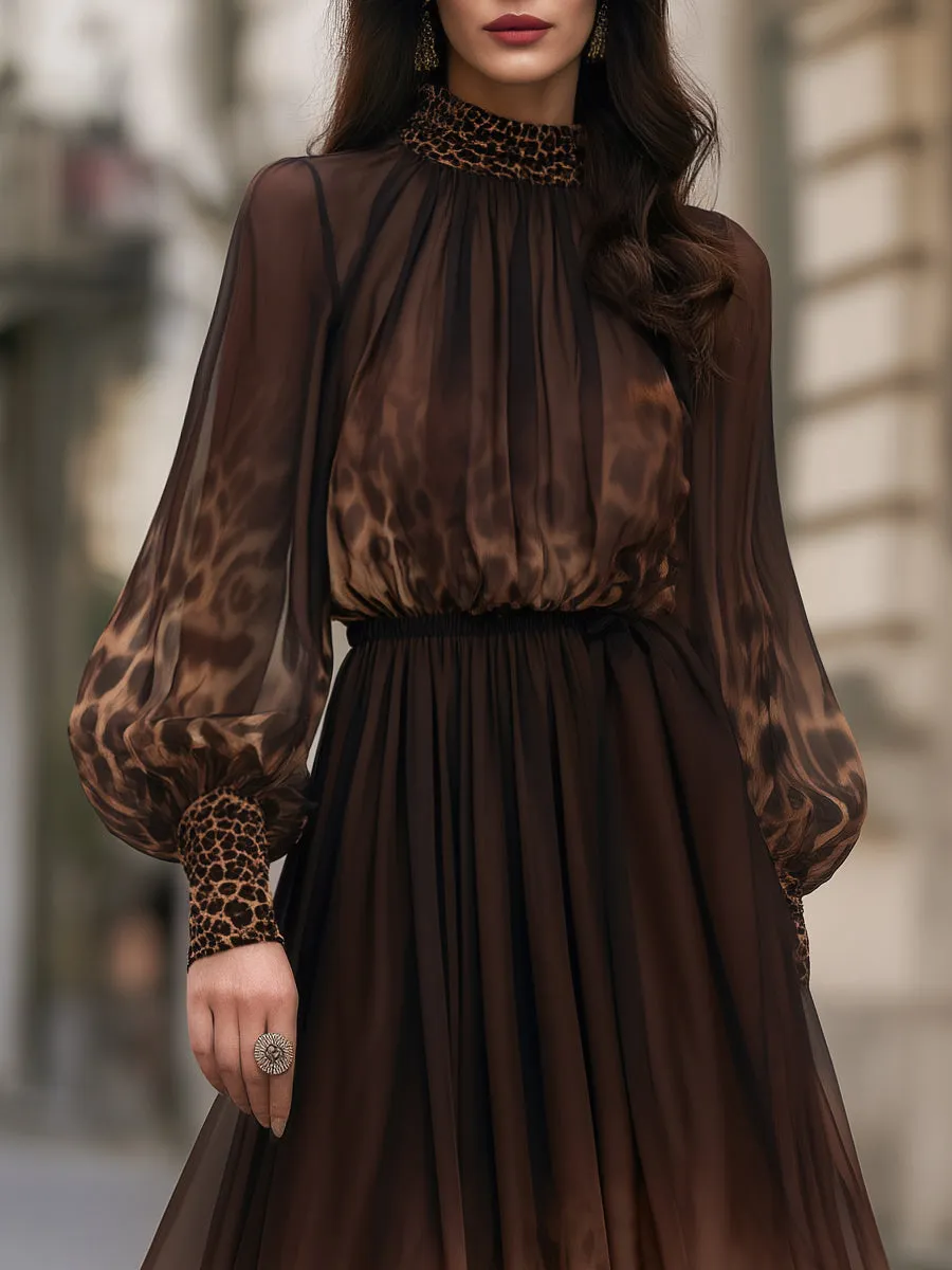Puff Sleeves Leopard Print Chiffon Flowing Maxi Dress sold by Mooyius product image thumbnail 2