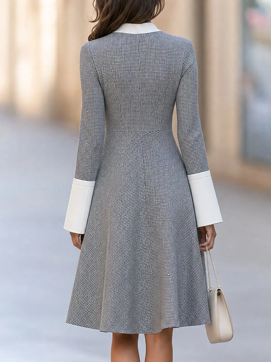 Houndstooth Color Block Flared Midi Dress With Ribbed Mock Neck sold by Mooyius product image thumbnail 2
