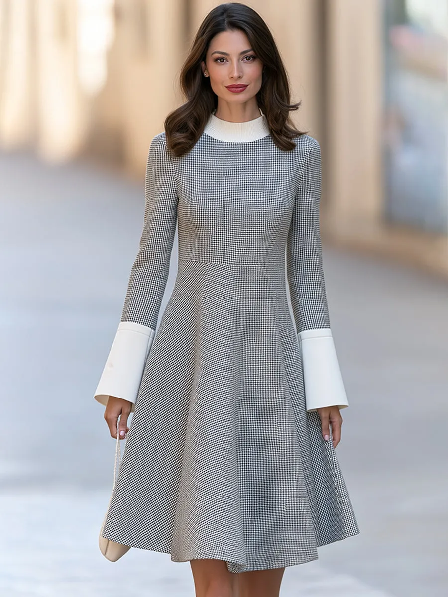 Houndstooth Color Block Flared Midi Dress With Ribbed Mock Neck sold by Mooyius product image thumbnail 3