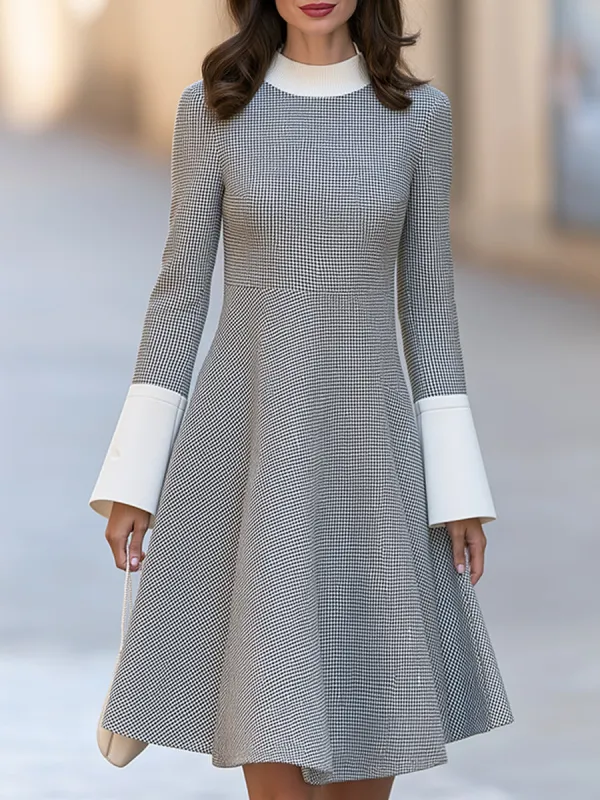 Houndstooth Color Block Flared Midi Dress With Ribbed Mock Neck made by Mooyius