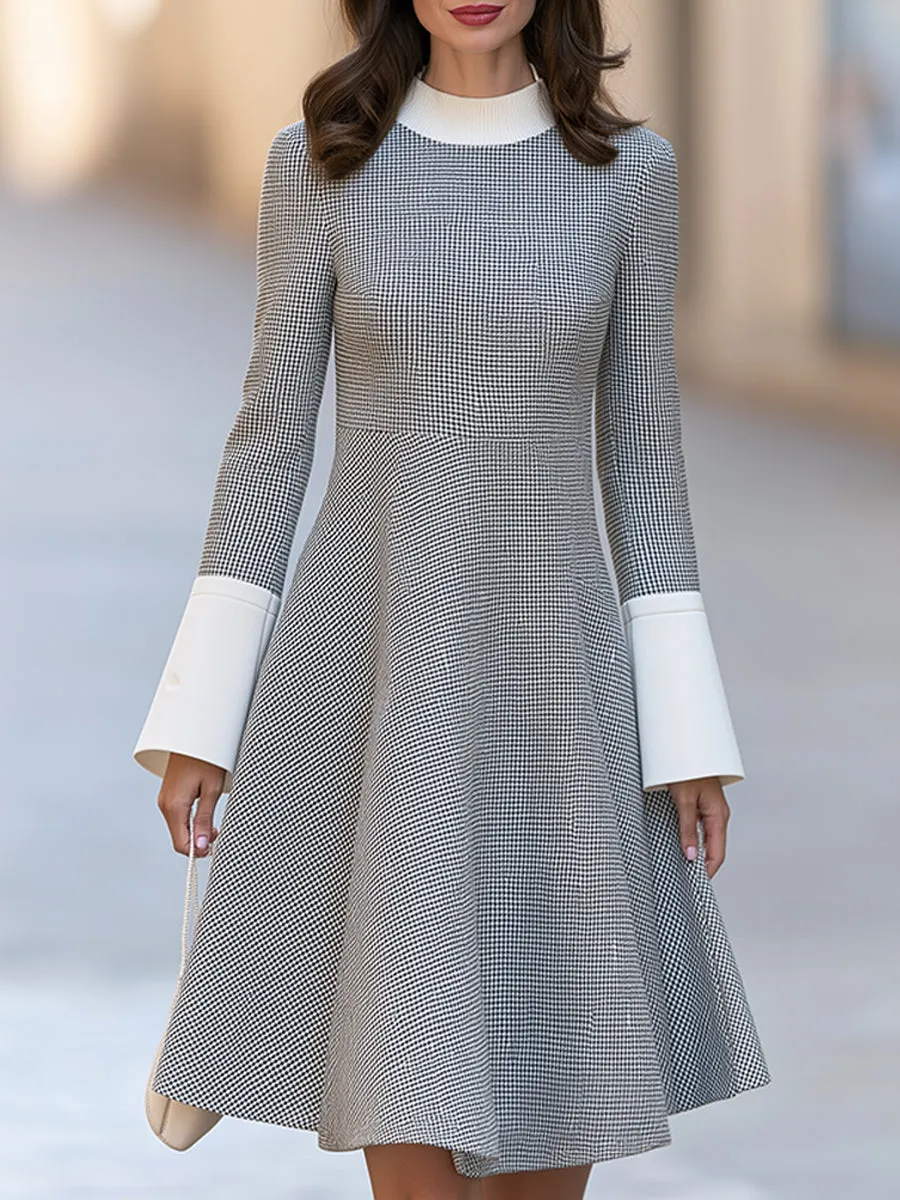 Houndstooth Color Block Flared Midi Dress With Ribbed Mock Neck sold by Mooyius