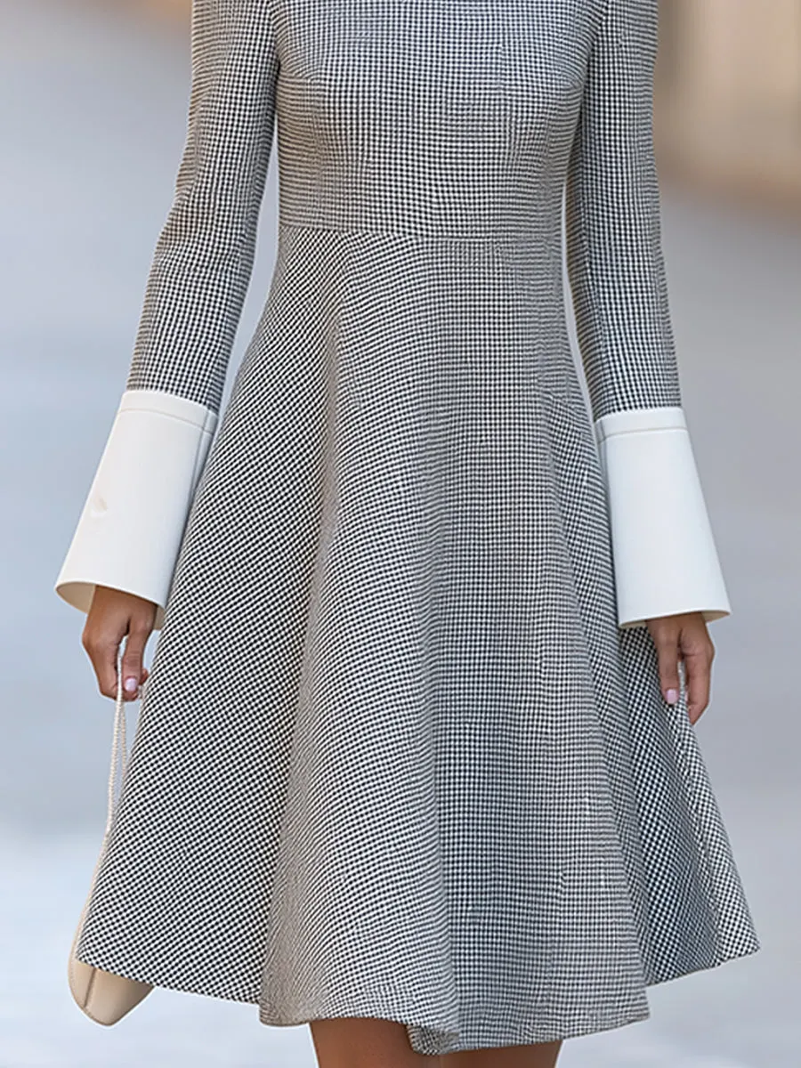 Houndstooth Color Block Flared Midi Dress With Ribbed Mock Neck sold by Mooyius product image thumbnail 5