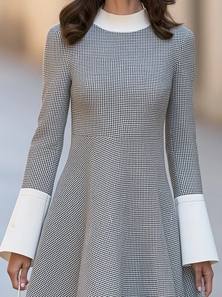Houndstooth Color Block Flared Midi Dress With Ribbed Mock Neck sold by Mooyius product image thumbnail 4