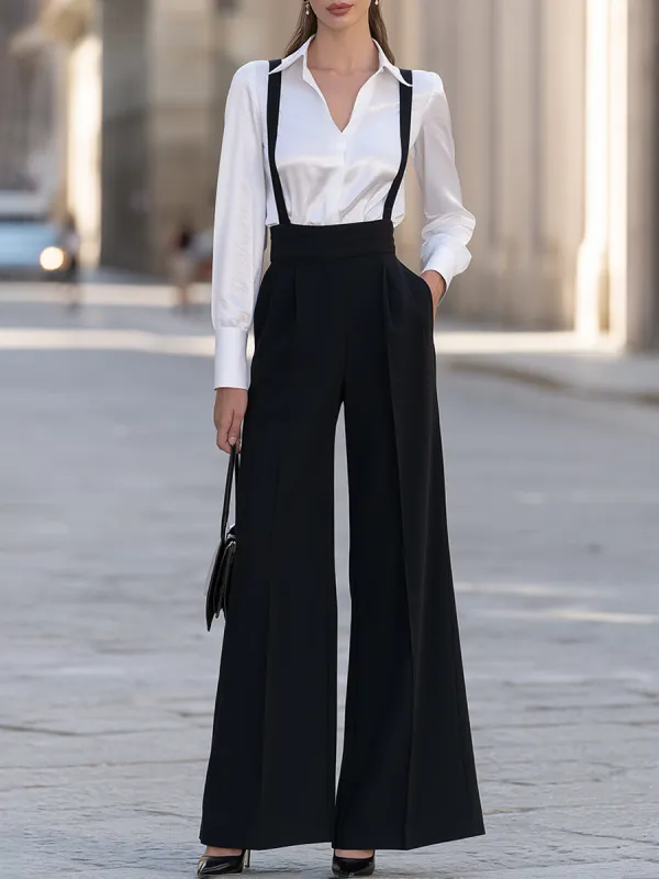 Black Suspender Wide Leg Trousers With White Blouse Set made by Mooyius