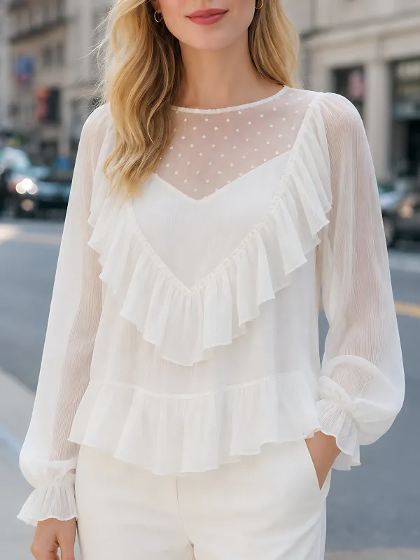Dot-Jacquard Chiffon Ruffle Blouse made by Mooyius