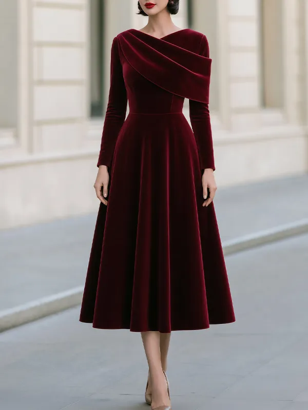 Velvet Draped Off-Shoulder A-Line Midi Dress made by Something Navy