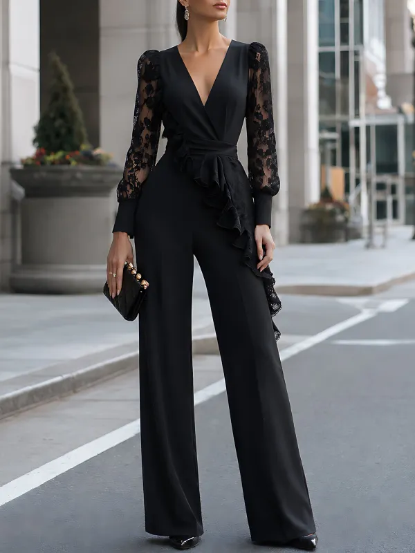 Lace-Sleeve Ruffle Wide-Leg Jumpsuit made by Mooyius