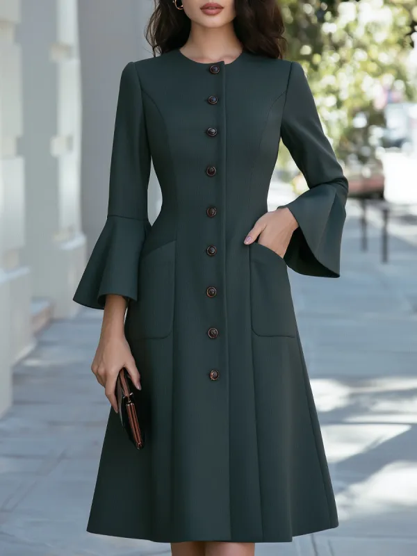 Button-Front Flared Sleeve Patch Pockets Midi Dress made by Mooyius