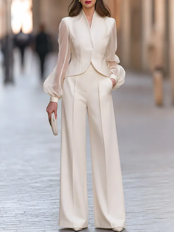 Ivory Sheer Sleeve Blazer With Wide Leg Trousers Set made by Mooyius