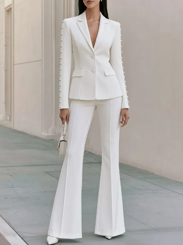 Women's Pearl Beaded Sleeve Blazer & Flare Pants Two-Piece Suit Set made by Something Navy