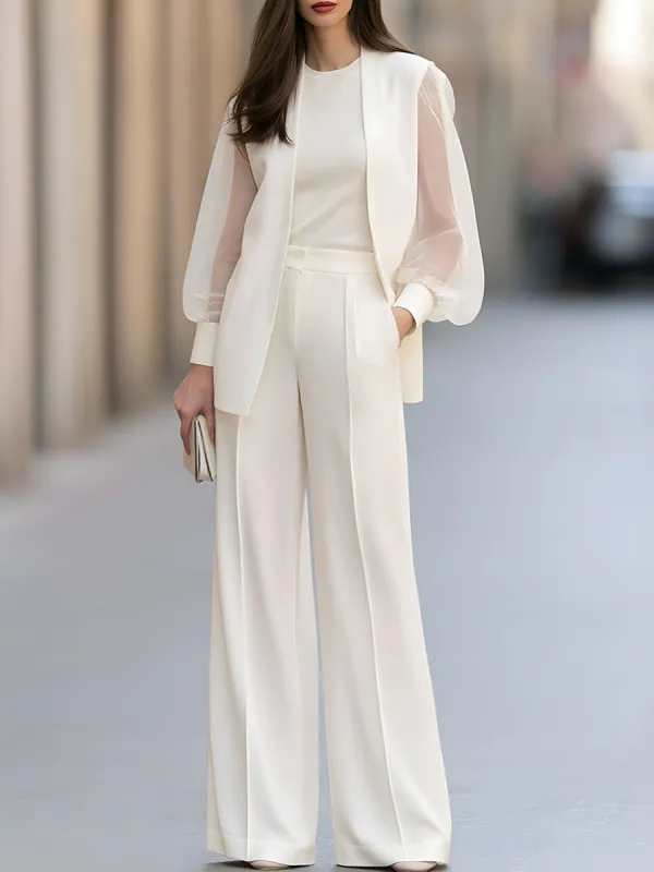 Women's Sheer Puff-Sleeve Blazer And Wide-Leg Trousers Two-Piece Set made by Mooyius