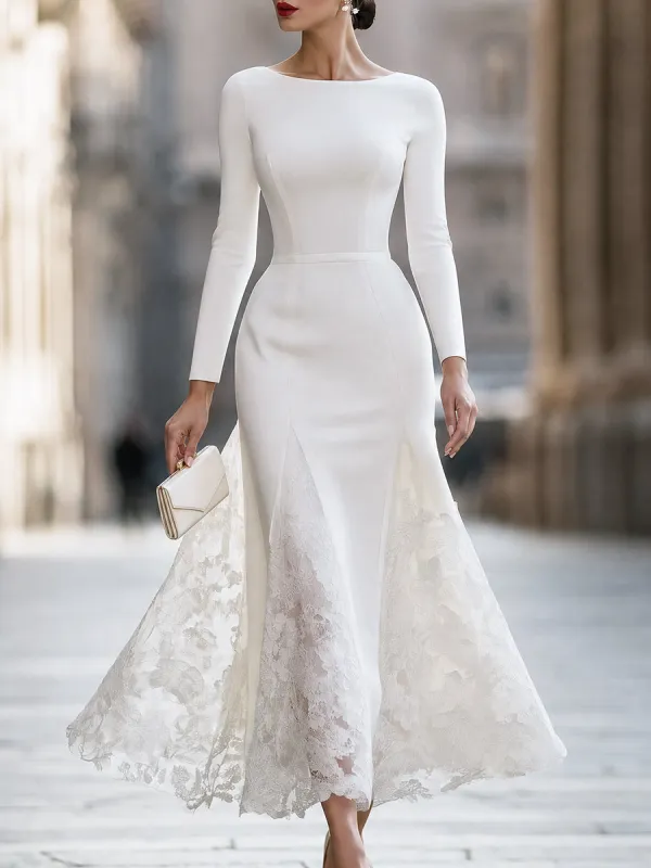 Elegant Long Sleeve Lace Splicing Mermaid Maxi Dress made by Mooyius