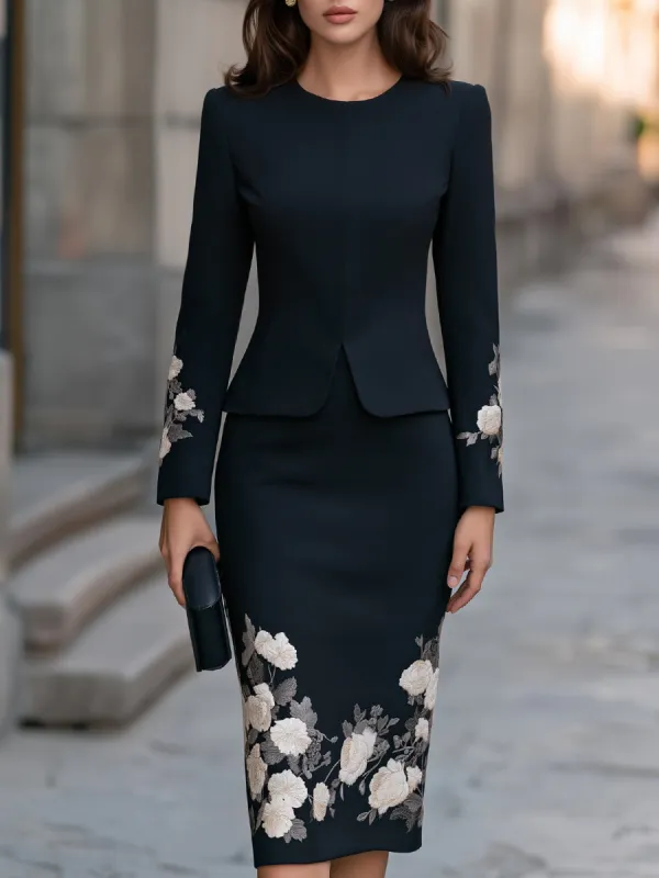 Embroidered Blazer And Pencil Skirt Two-Piece Set made by Mooyius