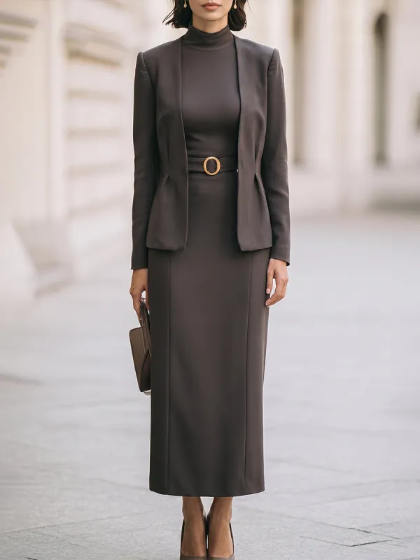 Belted Blazer And Maxi Dress Set made by Mooyius