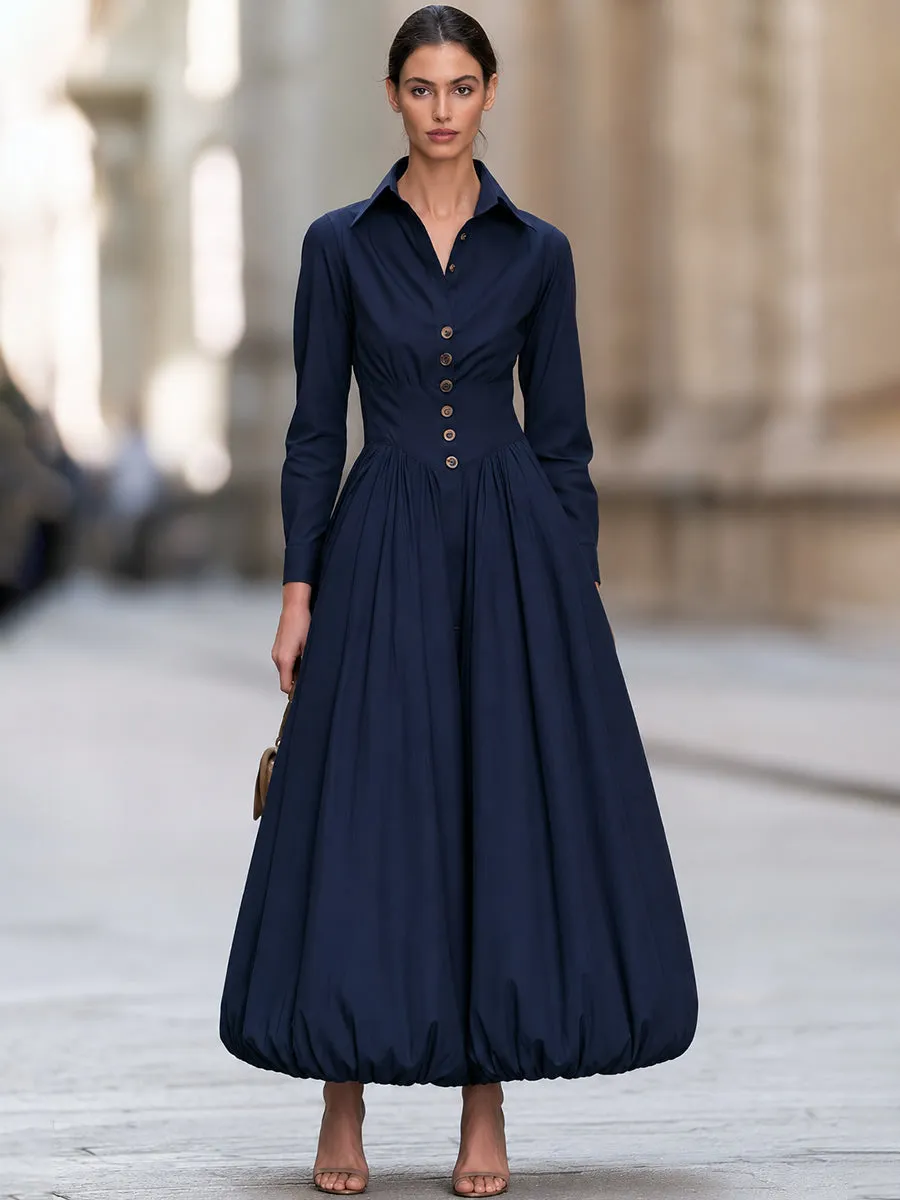 Navy Button Front Long Sleeve A-Line Midi Dress sold by Mooyius product image thumbnail 3