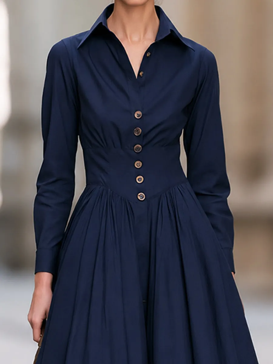 Navy Button Front Long Sleeve A-Line Midi Dress sold by Mooyius product image thumbnail 4