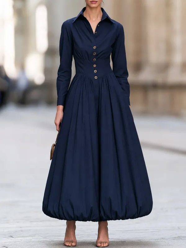 Navy Button Front Long Sleeve A-Line Midi Dress made by Mooyius