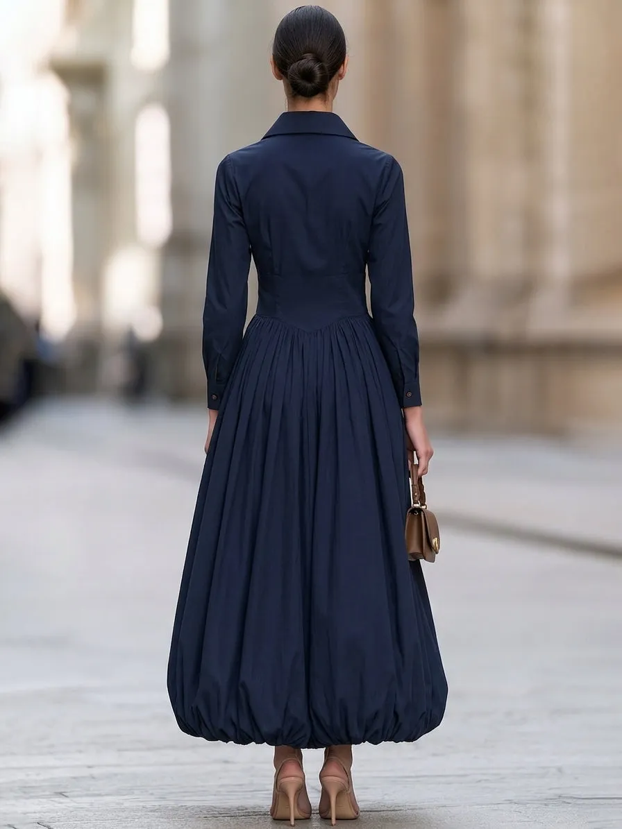 Navy Button Front Long Sleeve A-Line Midi Dress sold by Mooyius product image thumbnail 2