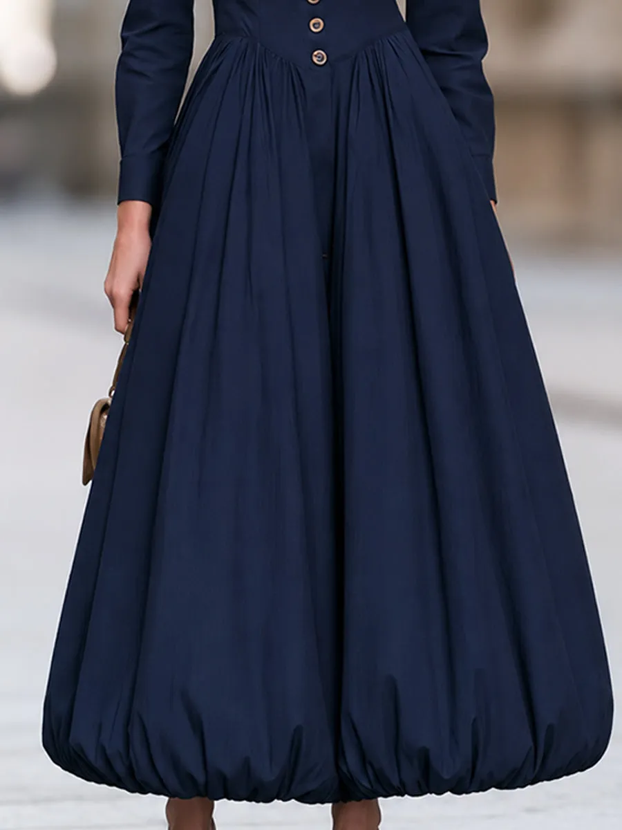 Navy Button Front Long Sleeve A-Line Midi Dress sold by Mooyius product image thumbnail 5