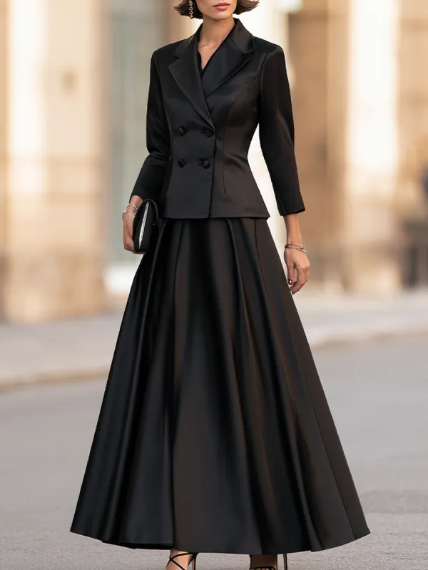 Elegant Double-Breasted Satin Blazer & Maxi Skirt Two-Piece Set made by Mooyius