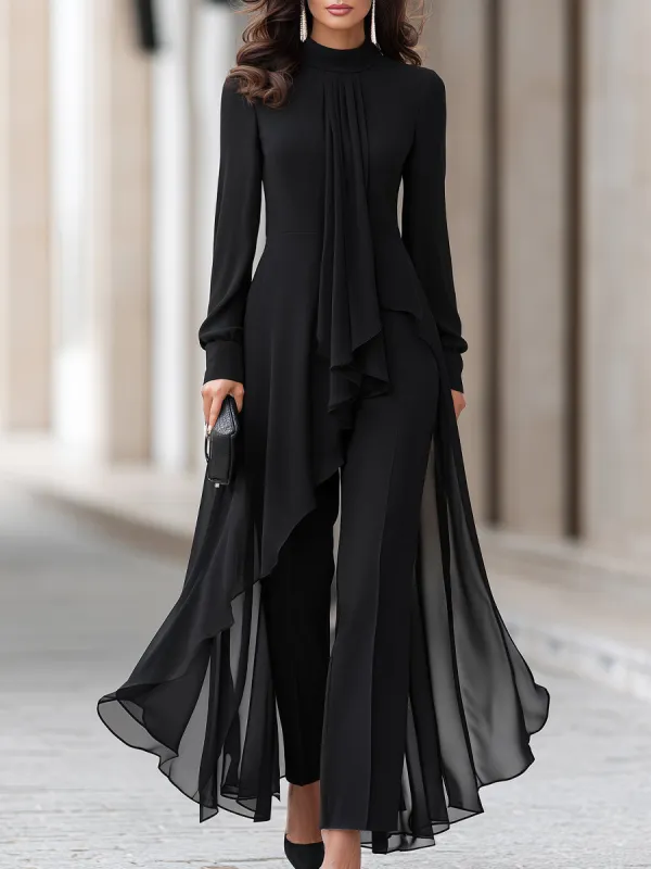 Chiffon Overlay Tunic And Tailored Wide-Leg Pants Set made by Mooyius