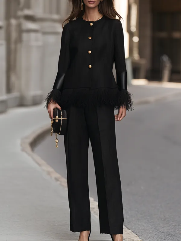 Fringe-Trim Button-Front Jacket And Wide-Leg Pants Set made by Mooyius