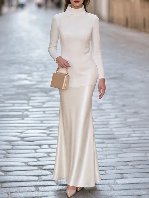 Women's Long Sleeve Turtleneck Contrast Satin Maxi Dress made by Mooyius