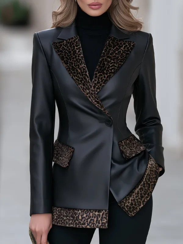 Faux Leather Leopard Velvet Trim Blazer made by Mooyius