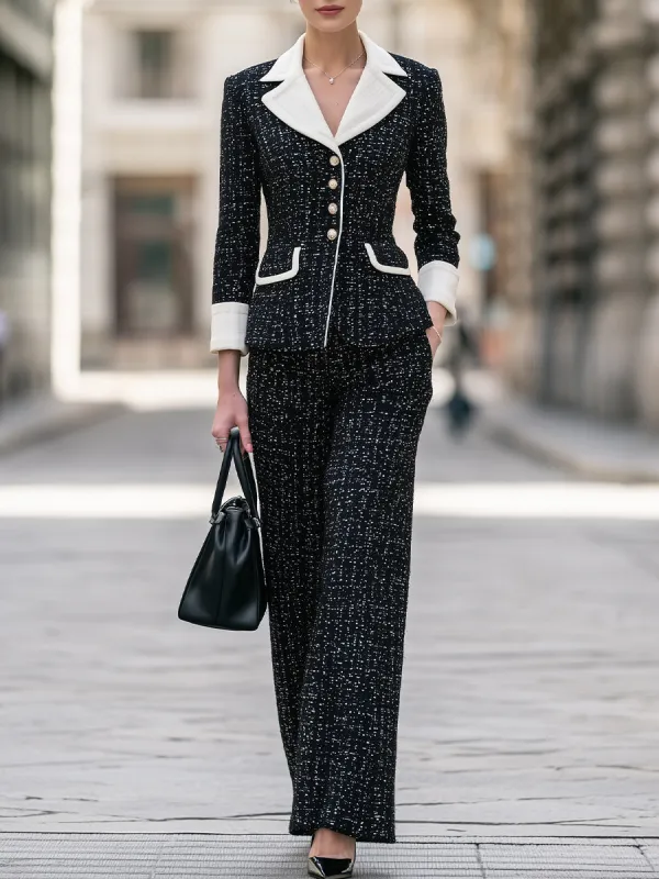 Contrast-Trim Tweed Blazer And Wide-Leg Pants Set made by Mooyius